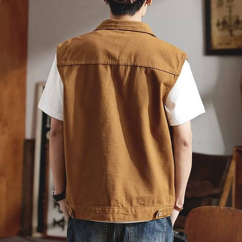 Earth yellow high -end vest Men's spring and autumn 2024 new shoulder vest men's horses clip loose denim jacket jacket
