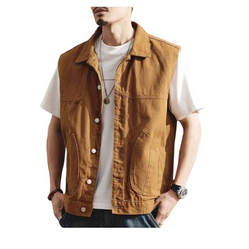 Earth yellow high -end vest Men's spring and autumn 2024 new shoulder vest men's horses clip loose denim jacket jacket