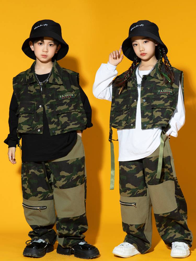 Children's hip -hop street dance set girl hiphop camouflage vest jazz dance tide jumpsuit young children work pants performance suit