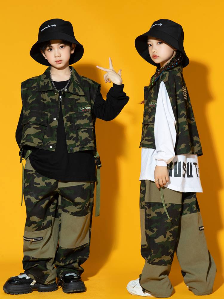 Children's hip -hop street dance set girl hiphop camouflage vest jazz dance tide jumpsuit young children work pants performance suit