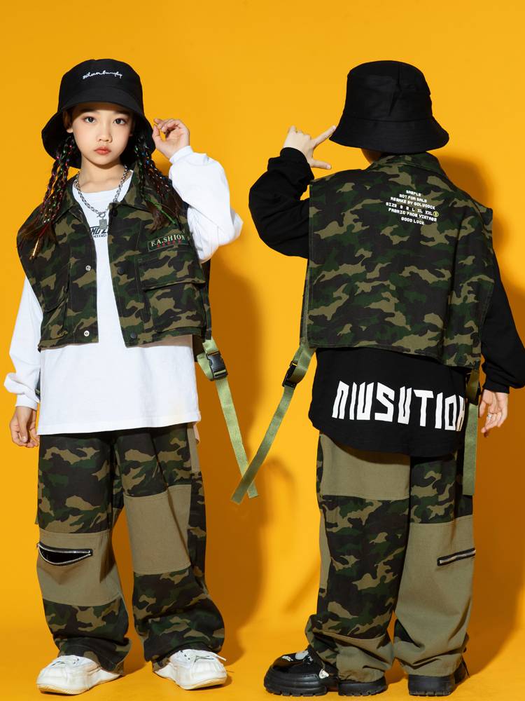 Children's hip -hop street dance set girl hiphop camouflage vest jazz dance tide jumpsuit young children work pants performance suit