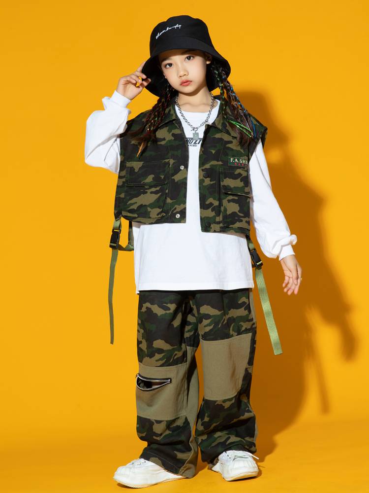 Children's hip -hop street dance set girl hiphop camouflage vest jazz dance tide jumpsuit young children work pants performance suit