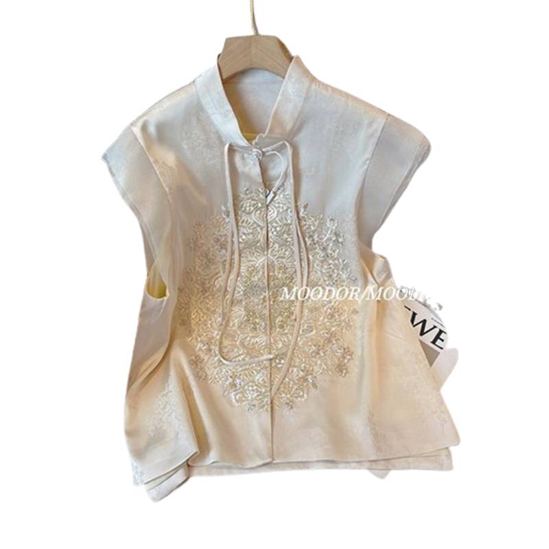 New Chinese national style jet flower acetic acid vest shirt women's summer temperament standing collar horseshable embroidery sleeveless top