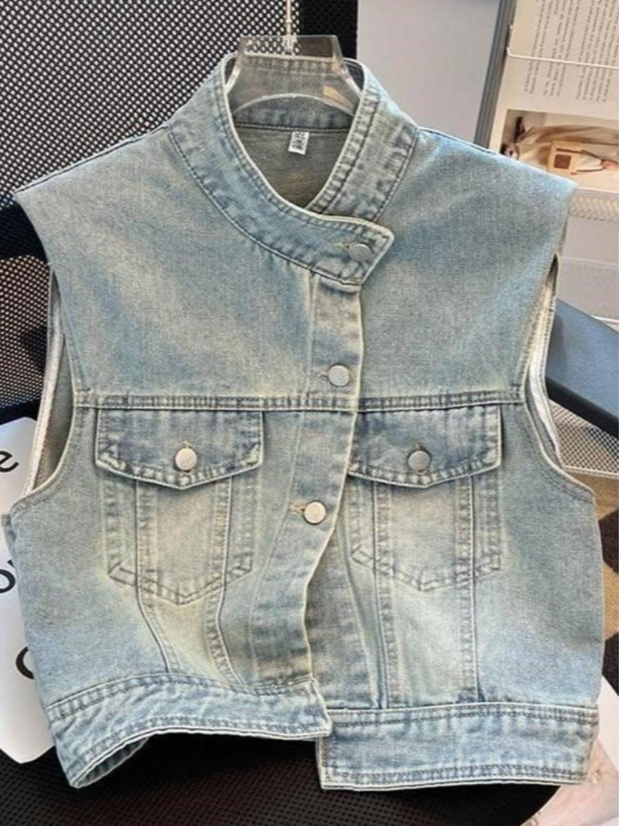 Standing collar denim vest sleeveless jacket women's summer thin design sense, old rhina shoulder horse clip retro shoulder top top