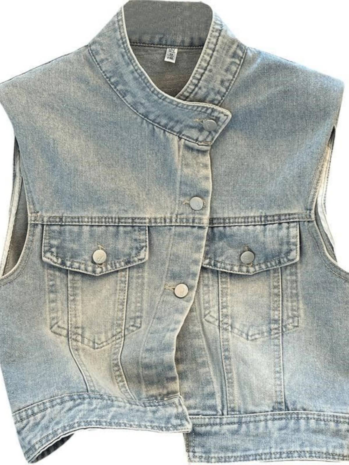 Standing collar denim vest sleeveless jacket women's summer thin design sense, old rhina shoulder horse clip retro shoulder top top