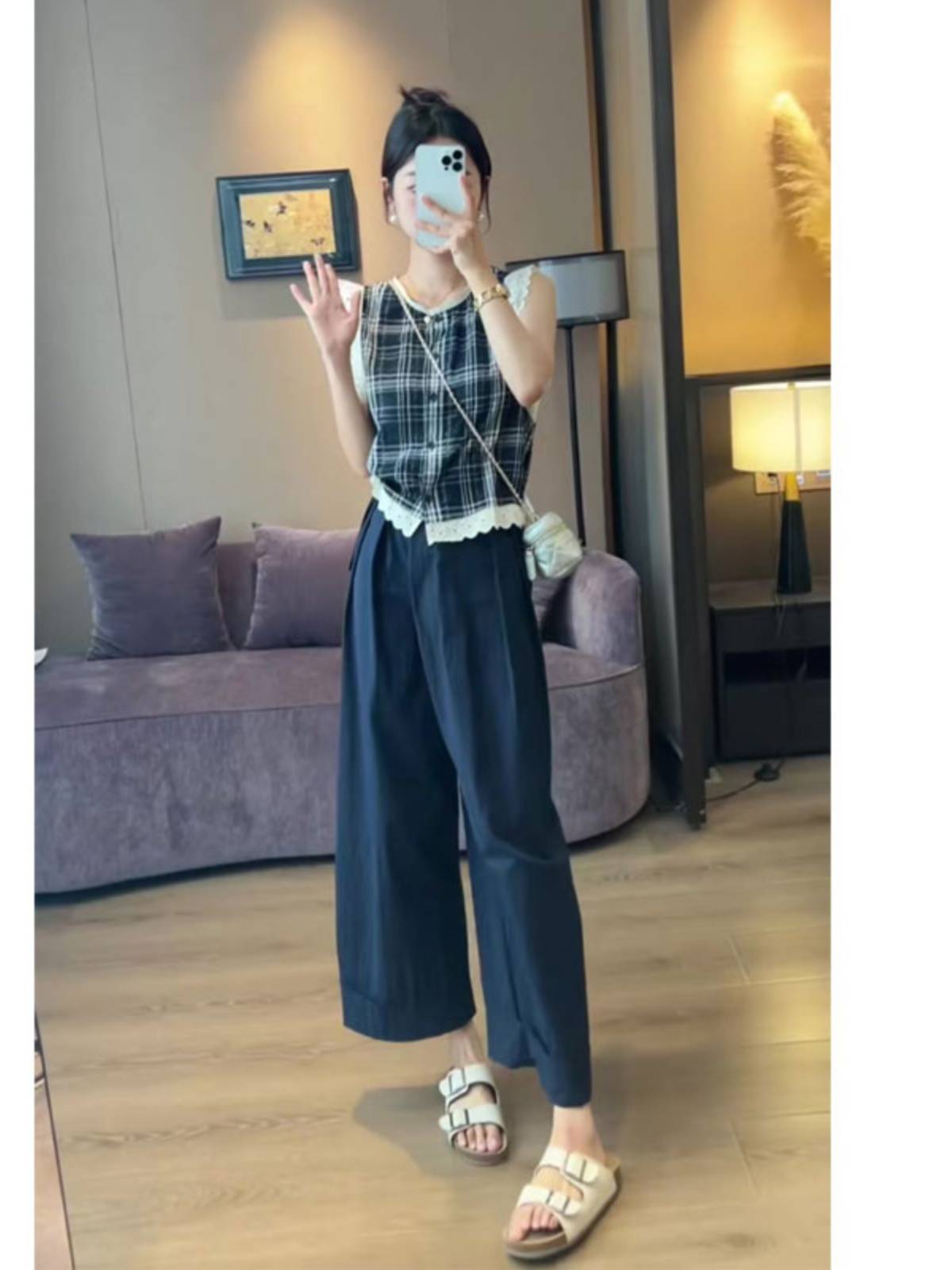French retro lace plaid sleeveless shirt women summer popular beautiful small shirt vest vest tops