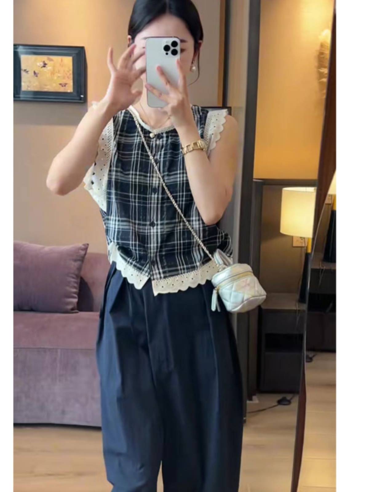 French retro lace plaid sleeveless shirt women summer popular beautiful small shirt vest vest tops