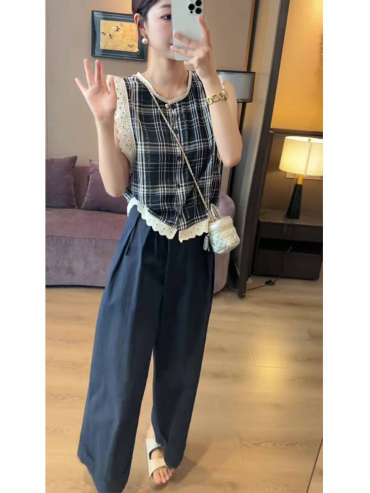 French retro lace plaid sleeveless shirt women summer popular beautiful small shirt vest vest tops