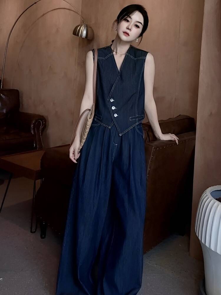 Port wind retro suit vest denim jacket female 2024 summer fashion casual sleeveless top two pieces of wide -leg pants