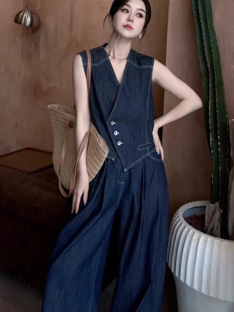 Port wind retro suit vest denim jacket female 2024 summer fashion casual sleeveless top two pieces of wide -leg pants