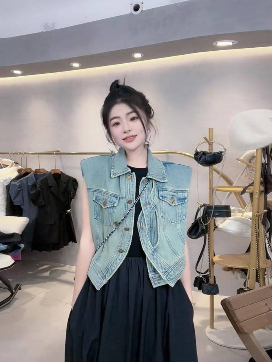 European goods fashion denim vest jacket female summer autumn new loose, thin sleeveless vest, shoulder short top