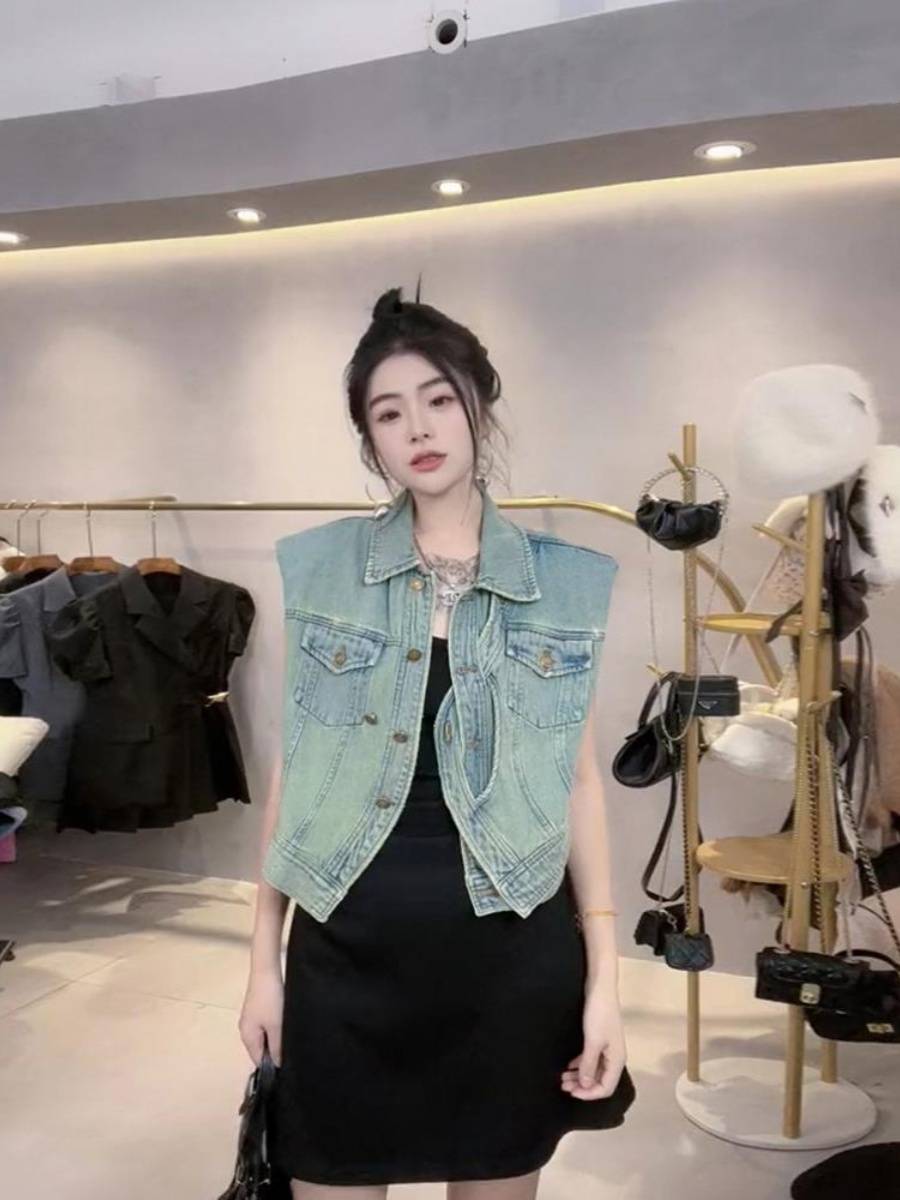 European goods fashion denim vest jacket female summer autumn new loose, thin sleeveless vest, shoulder short top