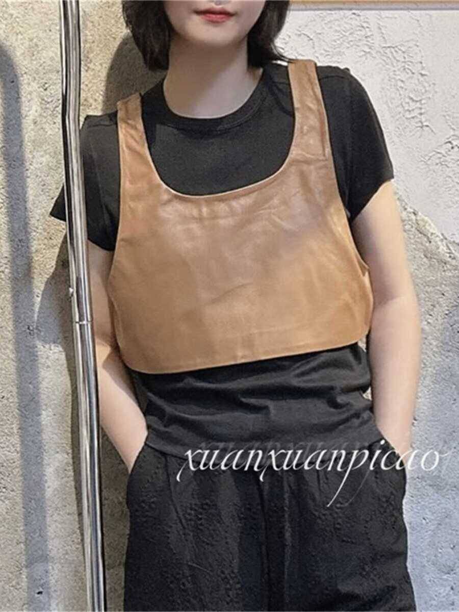 2024 Summer new leather versatile leather vest vest female short external wearing sleeveless sheep leather shoulder top
