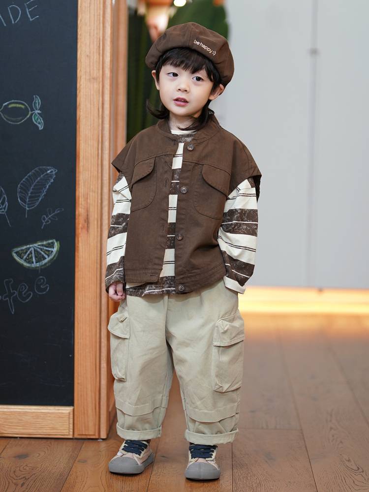 Yantai family children's clothing Japanese and Korean boys, boys, vest 2024 spring new children's new children, shoulder shoulder baby, spring and autumn, spring and autumn