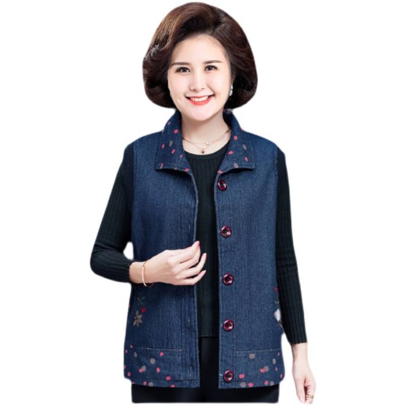 Middle -aged and elderly vest women's spring and autumn thick pure cotton denim jacket Mom sleeveless shoulder horses, grandma vest, wearing outside