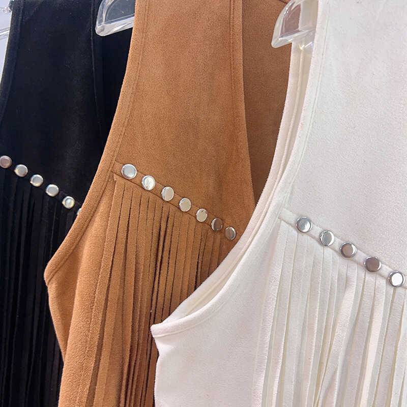 Retro Western denim style Xinjiang desert Gobi brigade shot wearing vest brown suede suede flowing Soe vest tops