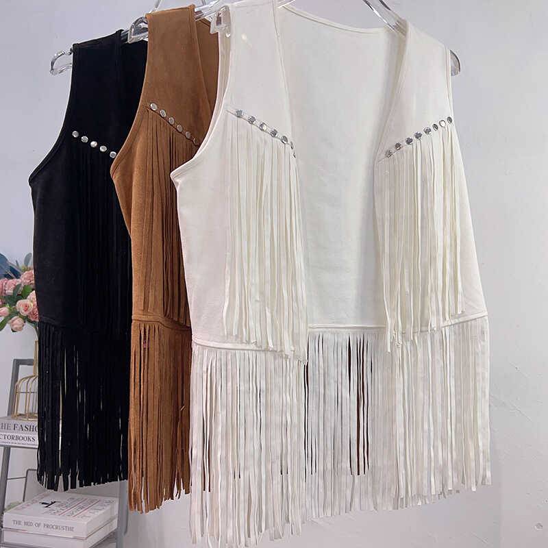 Retro Western denim style Xinjiang desert Gobi brigade shot wearing vest brown suede suede flowing Soe vest tops