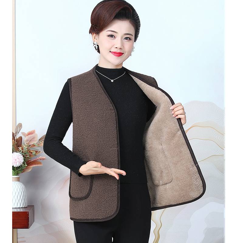 Fashionable horse horses middle -aged mother pretend to be winter clothes plus velvet thickened solid color vest, shoulder middle elderly vest women wearing