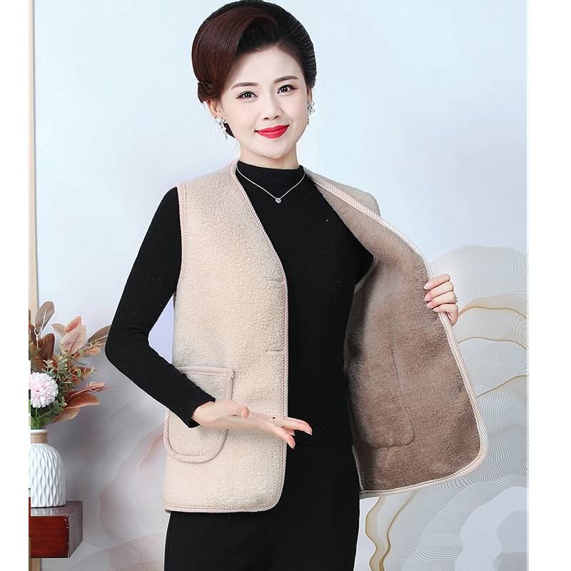 Fashionable horse horses middle -aged mother pretend to be winter clothes plus velvet thickened solid color vest, shoulder middle elderly vest women wearing