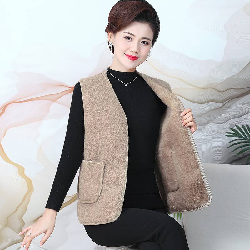 Fashionable horse horses middle -aged mother pretend to be winter clothes plus velvet thickened solid color vest, shoulder middle elderly vest women wearing