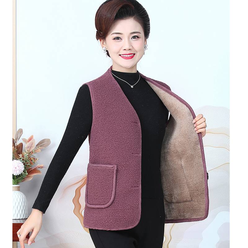 Fashionable horse horses middle -aged mother pretend to be winter clothes plus velvet thickened solid color vest, shoulder middle elderly vest women wearing