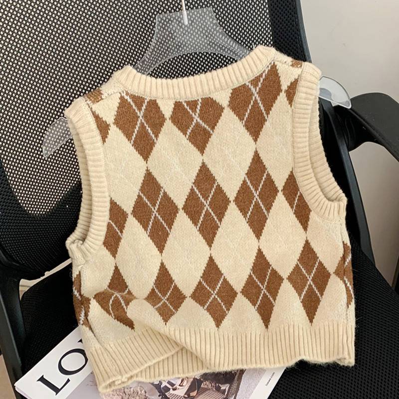 Girls' plaid sweater vest, ocean -knit vest girl autumn and winter woolen wool, shoulder, children in the shoulder children, children wearing outside