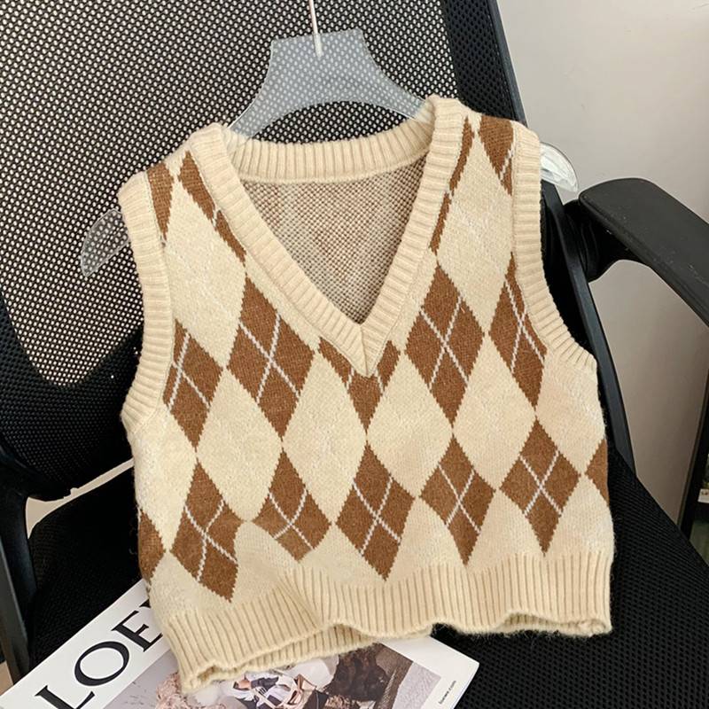Girls' plaid sweater vest, ocean -knit vest girl autumn and winter woolen wool, shoulder, children in the shoulder children, children wearing outside