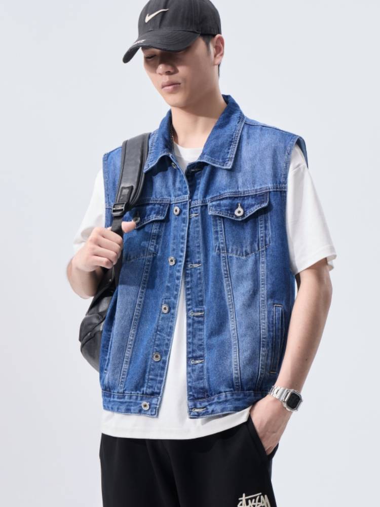 Spring American high -end denim vest coat men's outdoor leisure workers dressing shoulder sleeveless lapel vest jacket