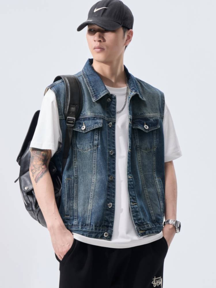 Spring American high -end denim vest coat men's outdoor leisure workers dressing shoulder sleeveless lapel vest jacket