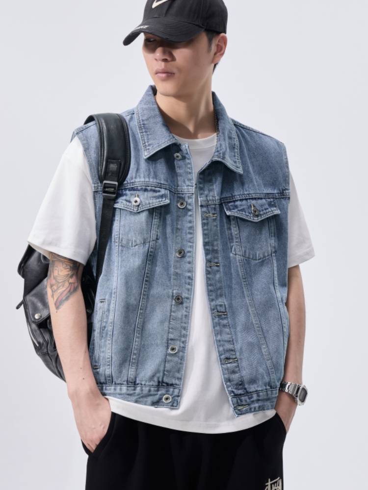 Spring American high -end denim vest coat men's outdoor leisure workers dressing shoulder sleeveless lapel vest jacket