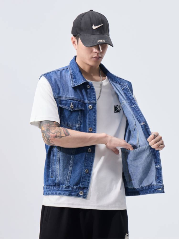 Spring American high -end denim vest coat men's outdoor leisure workers dressing shoulder sleeveless lapel vest jacket