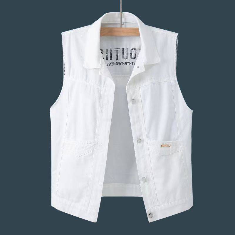 Embroidered white denim vest short jacket Men's spring and summer dress 2024 new Korean loose horse clip vest top