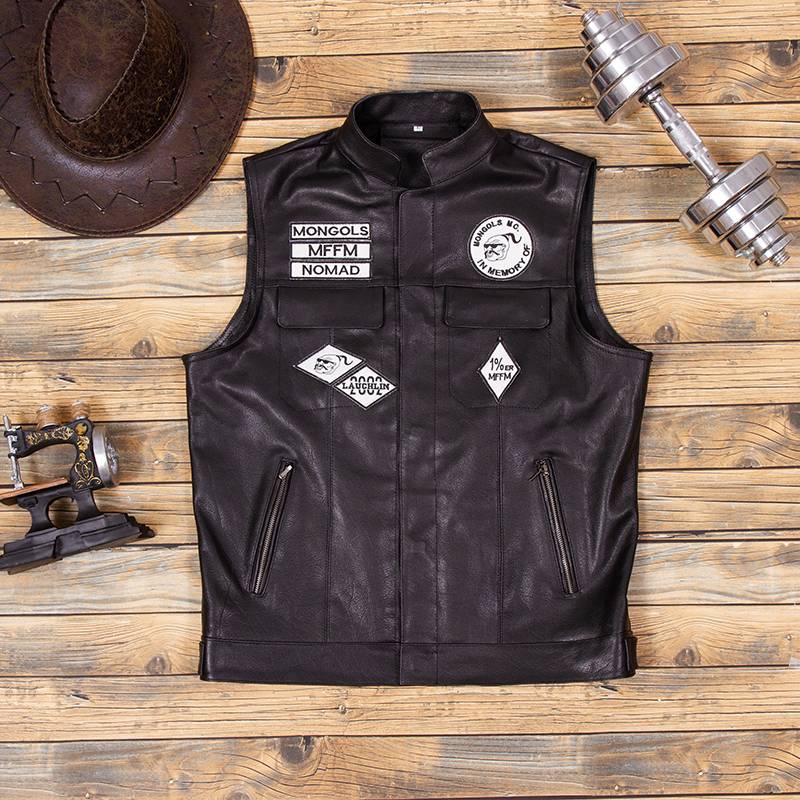 Son of chaos!Mongolian Gang!Imported header cowhide Harley locomotive vest leather short cycling vest