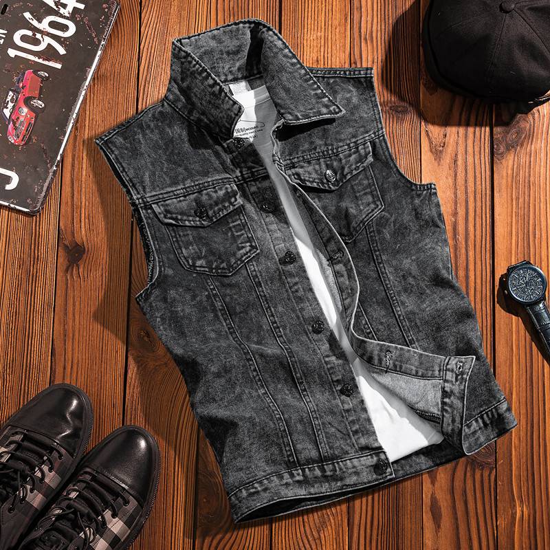 Hong Kong wind retro shoulder vest vest Men's Korean casual handsome students all -round sleeve -free cave denim jacket