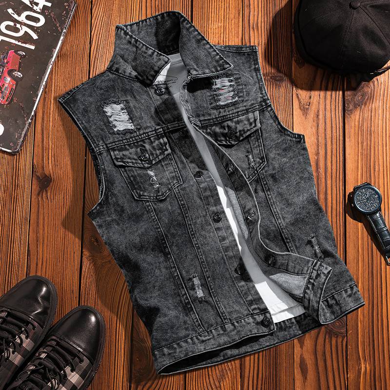 Hong Kong wind retro shoulder vest vest Men's Korean casual handsome students all -round sleeve -free cave denim jacket