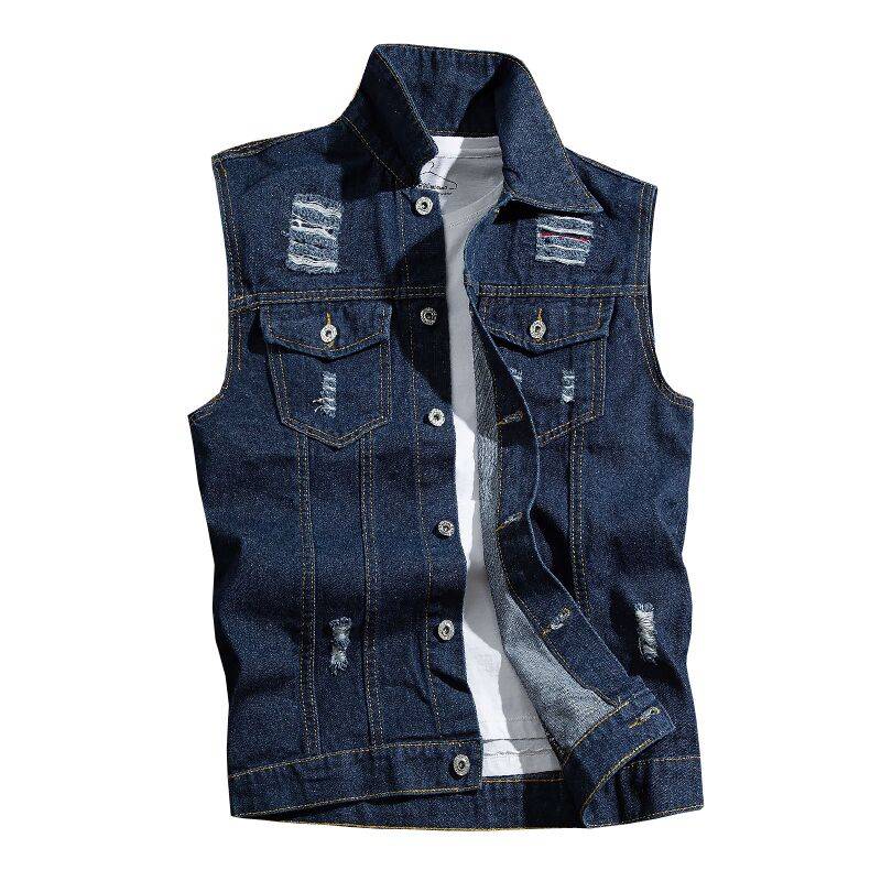 Hong Kong wind retro shoulder vest vest Men's Korean casual handsome students all -round sleeve -free cave denim jacket