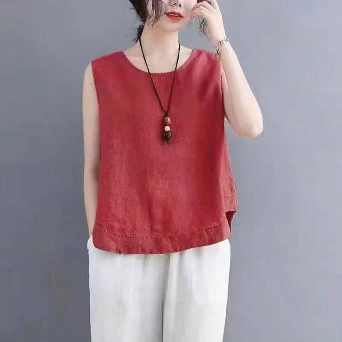 Pure cotton suspender vest female wears summer large size loose sleeveless linen vest versatile leisure and thin clothes