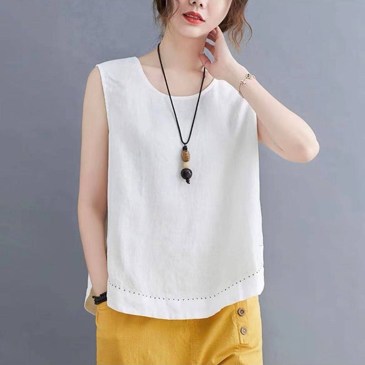 Pure cotton suspender vest female wears summer large size loose sleeveless linen vest versatile leisure and thin clothes