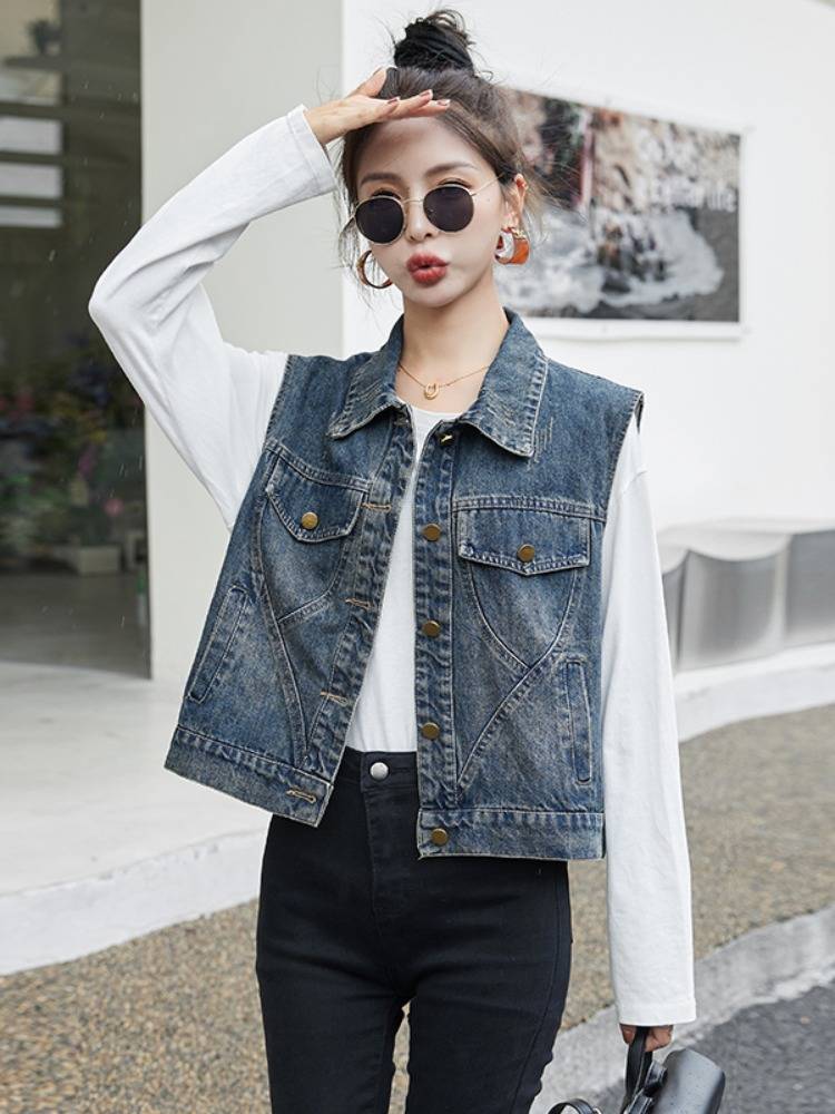 Denim horse clip outer set female 2024 spring and autumn new Hanfan coat European cooker sleeveless shoulder vest small vest