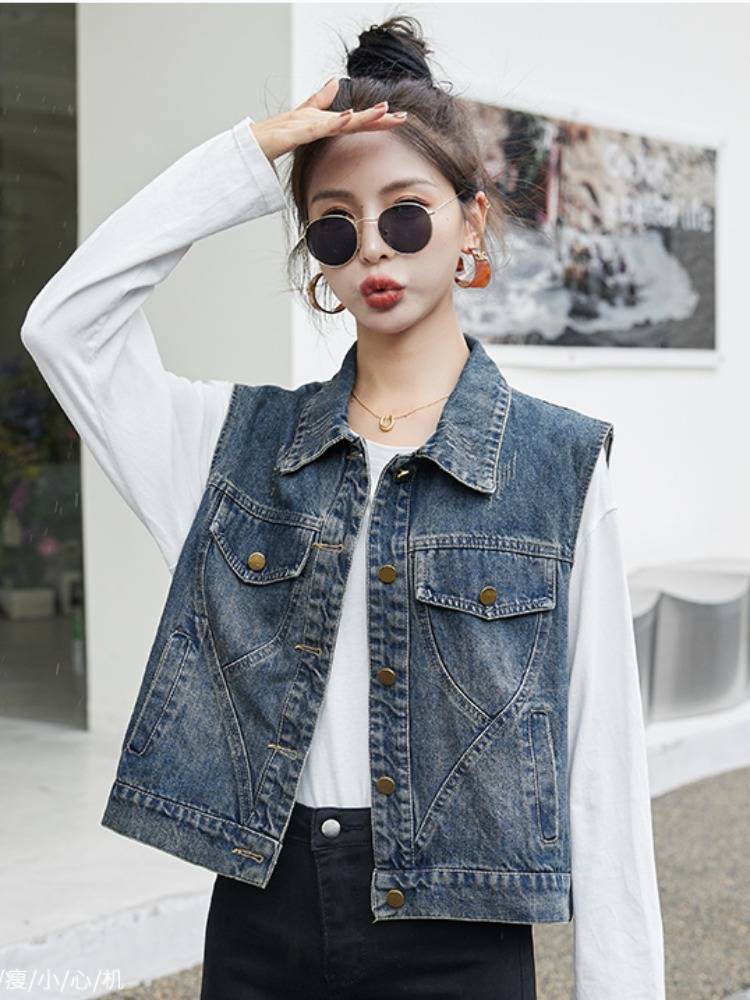 Denim horse clip outer set female 2024 spring and autumn new Hanfan coat European cooker sleeveless shoulder vest small vest