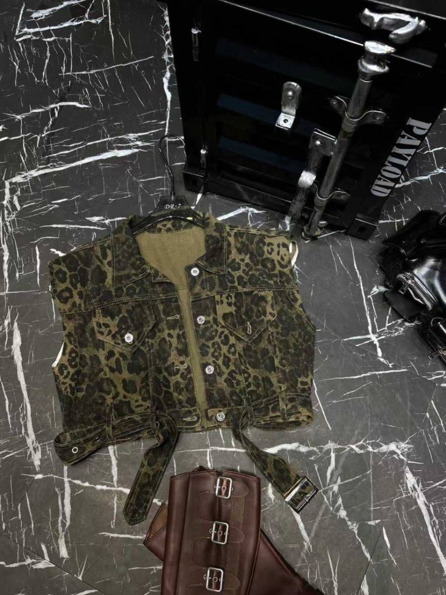 Personal tide brand leopard polo collar denim girl 2024 spring and summer new European goods short vest, small hill shoulder versatile