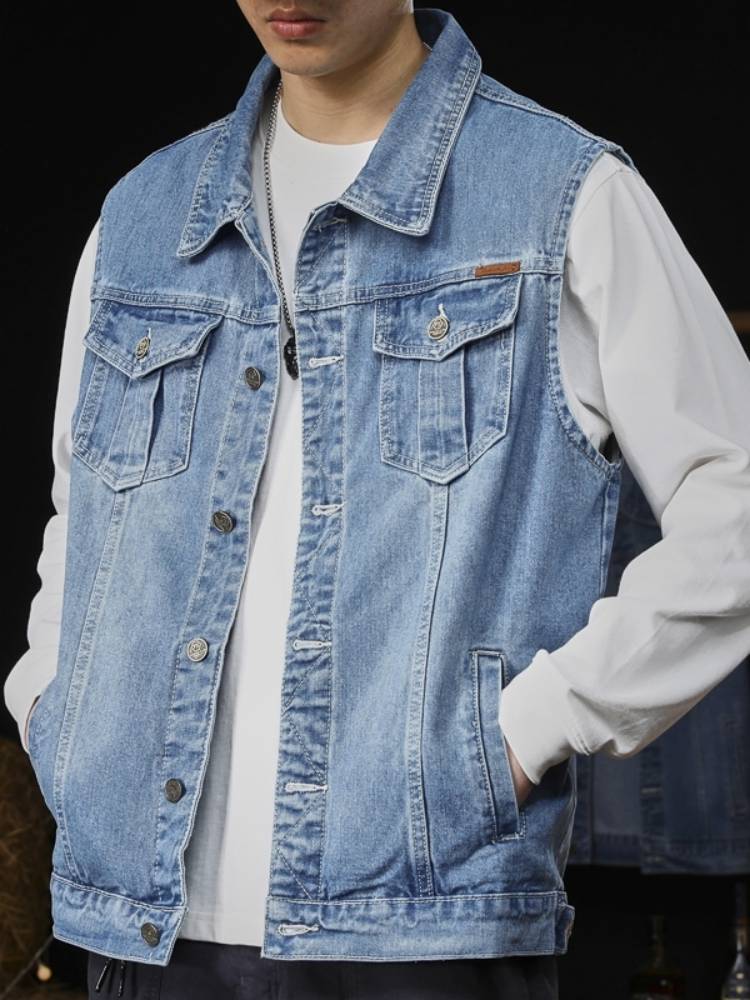 American casual 2024 new high -end brand vest denim vest jacket men's spring sleeveless shoulder gown