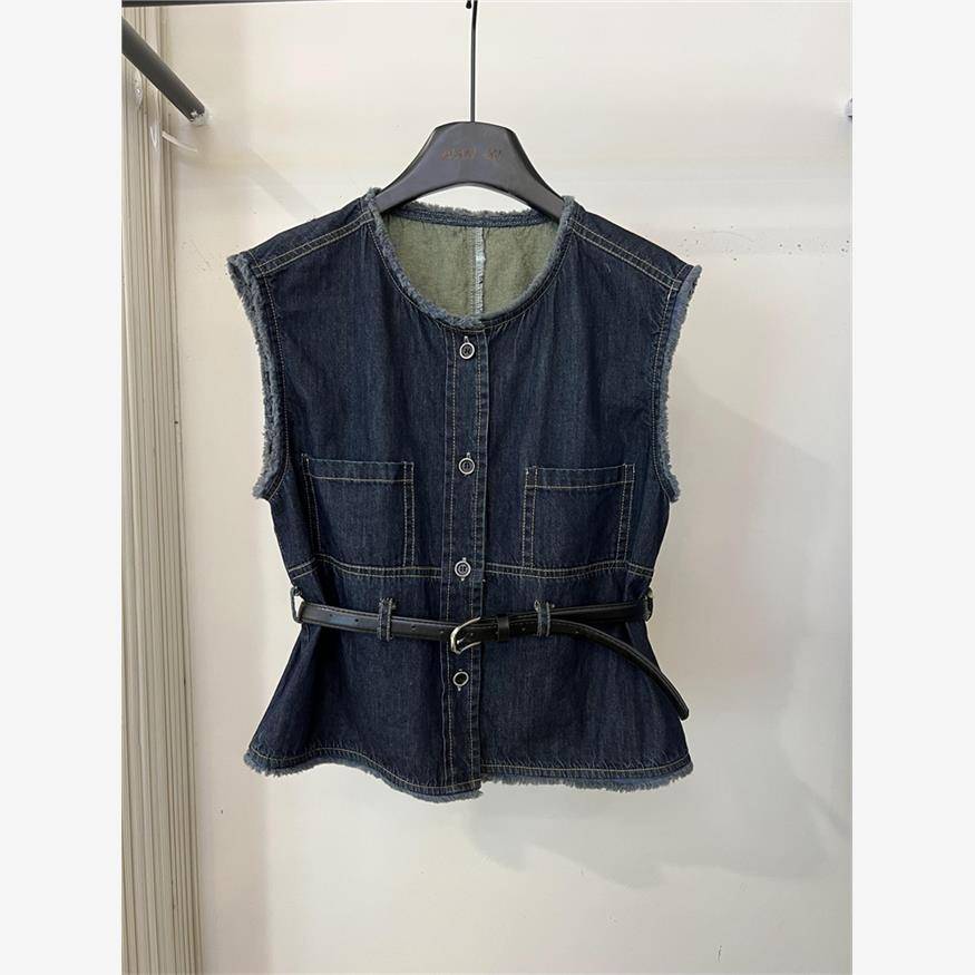 Retro woolen belt waist waist sleeveless denim vest vest female 2024 summer fashion advanced coat