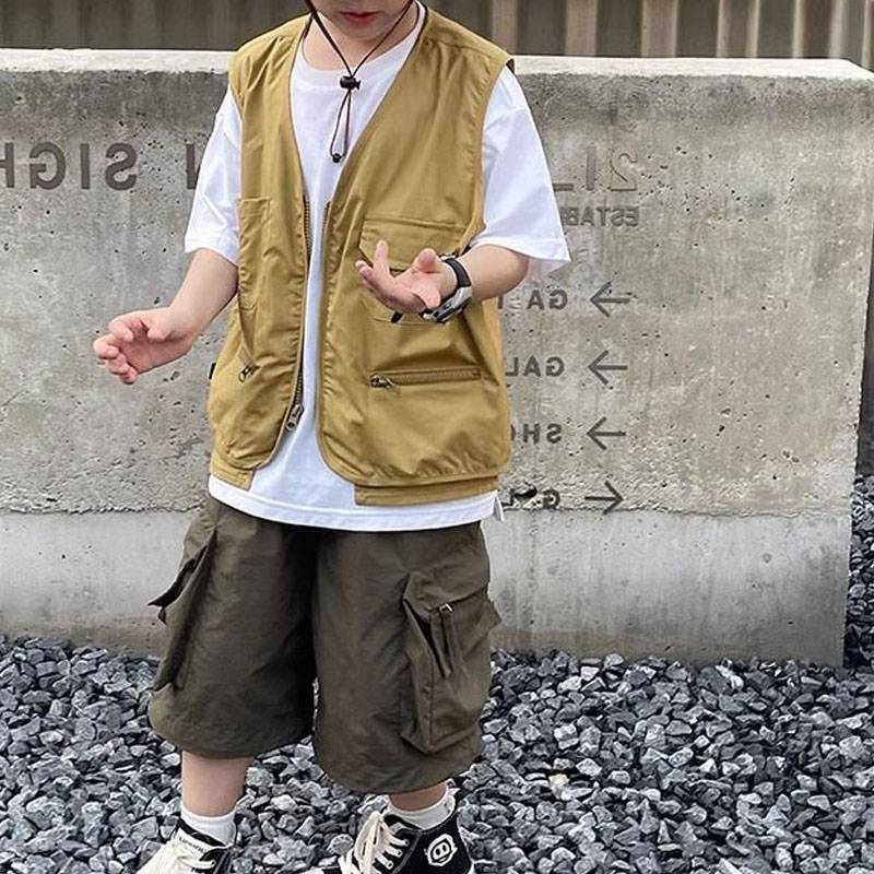 Boys American Structural Vest 2024 Spring and Autumn New Outdoor Windproof Loose Loose Loose Loose Japanese Works Style Style Leisure Top Tide