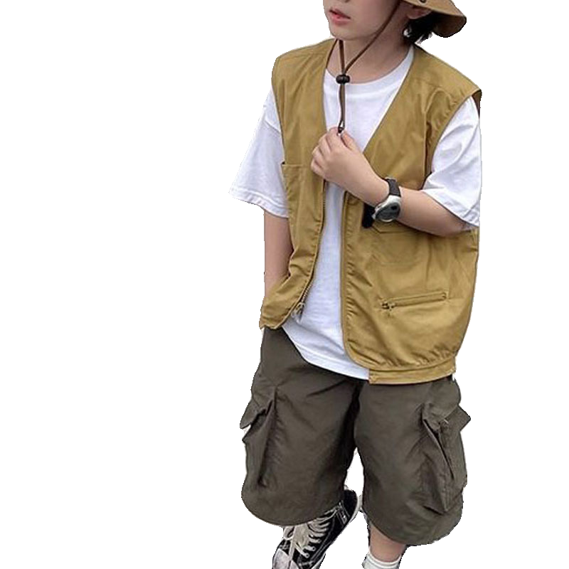 Boys American Structural Vest 2024 Spring and Autumn New Outdoor Windproof Loose Loose Loose Loose Japanese Works Style Style Leisure Top Tide
