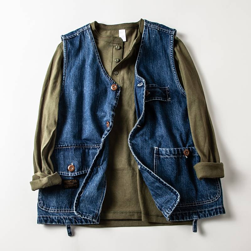 Japanese V -neck multi -pocket casual denim vest male versatile loose outside workers to install couple horses clip vest jackets