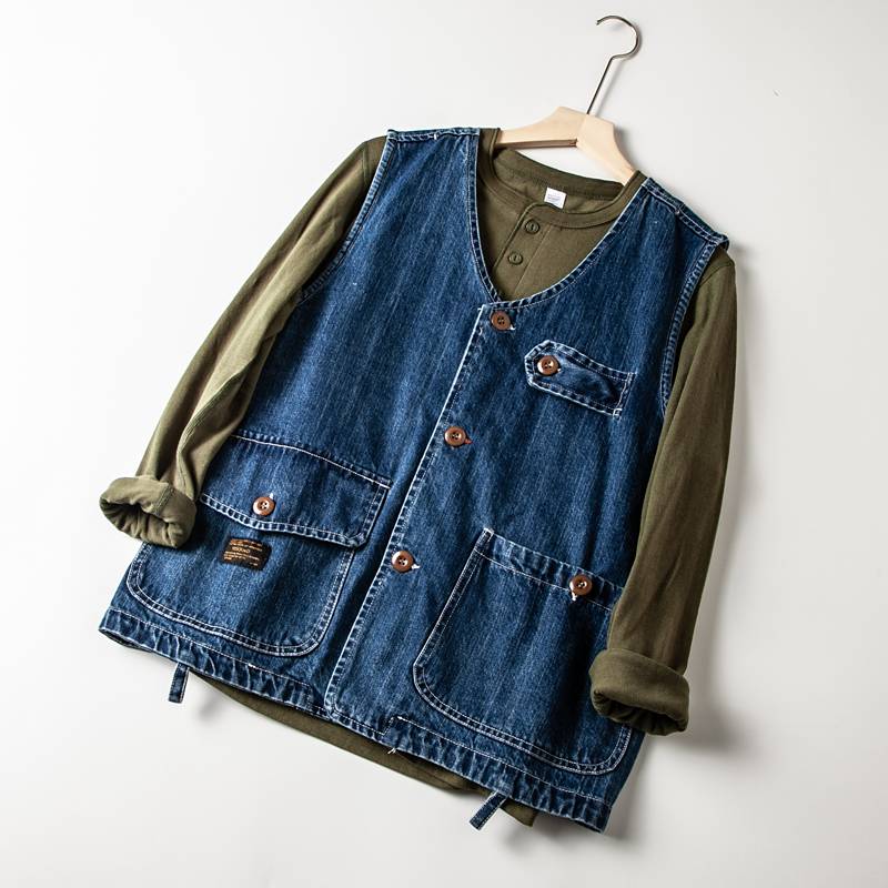 Japanese V -neck multi -pocket casual denim vest male versatile loose outside workers to install couple horses clip vest jackets