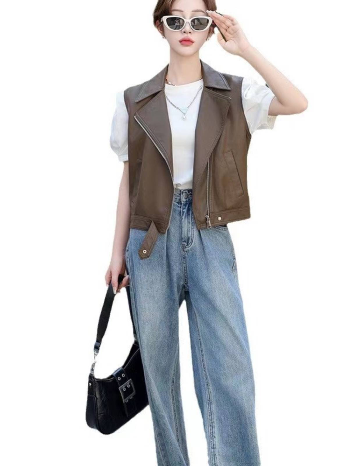 2024 Spring and Autumn New Parlus Short Women's Short Korean Version Sleeveless Leather Port Puk shoulder small zipper leather jacket tide