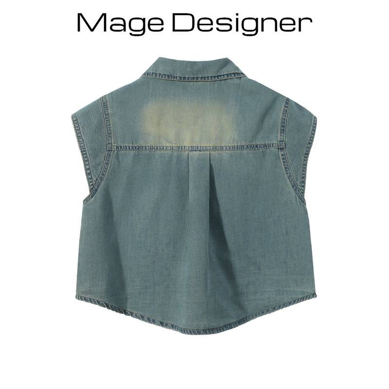 European POLO leads a small flying sleeve denim vest female summer retro old short design sensorless sleeveless shoulder top