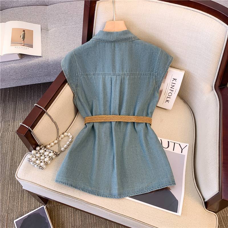 Retro Hong Kong style mid -length denim shirt women summer new high -end vest flying sleeve cardigan jacket top